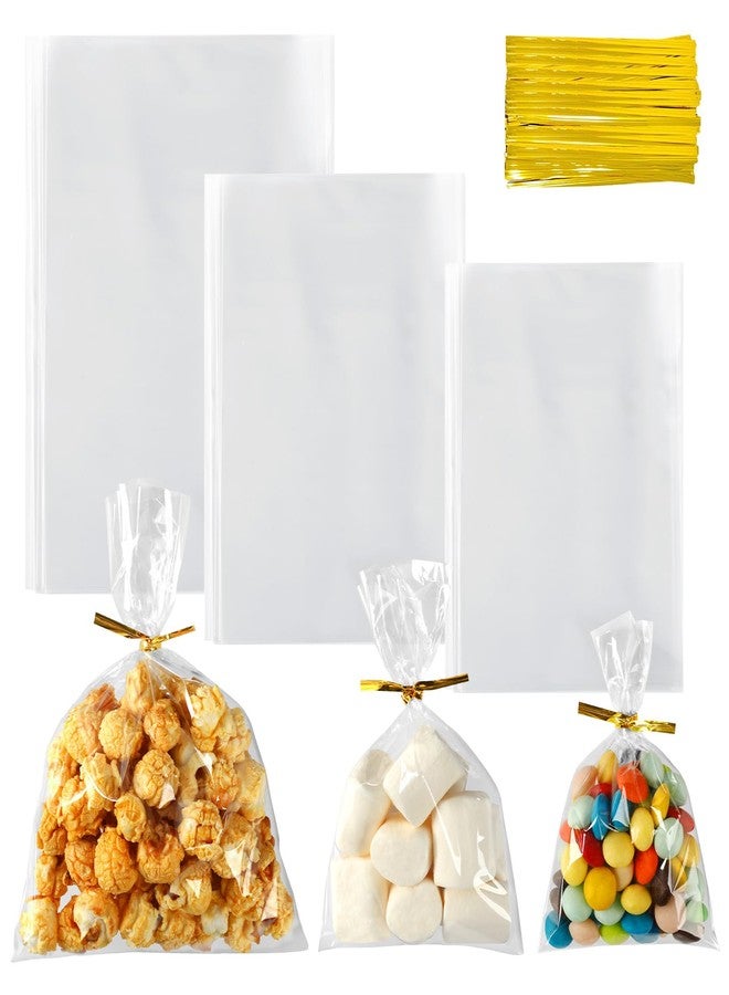 Augshy 300 Pcs Cellophane Treat Bags, 3 Sizes Clear Cellophane Bags with 300 Twist Ties for Gift Wrapping, Christmas Small Candy Bags, Cookies, Party Favors - Image 1